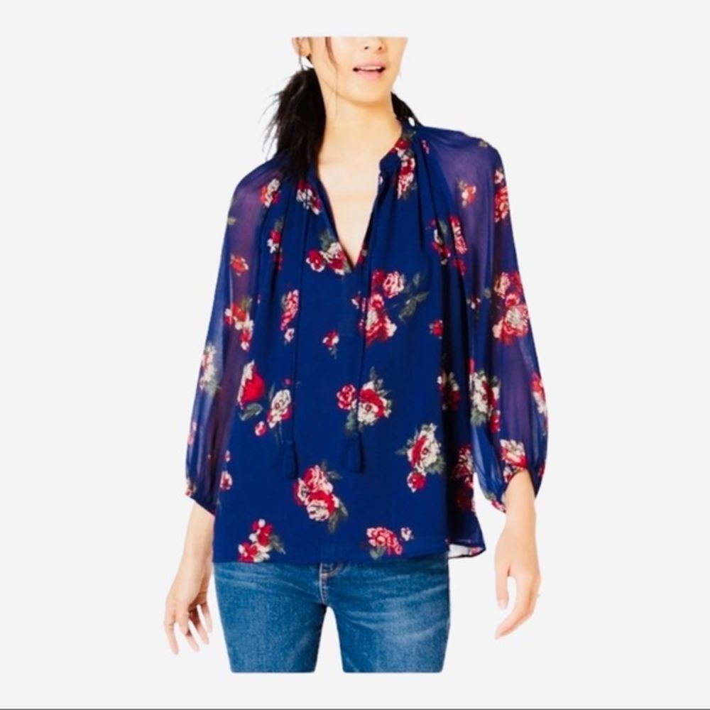 Lucky‎ Brand Sheer Boho Floral Print Peasant Blouse, Relax Fit Size XS NWT